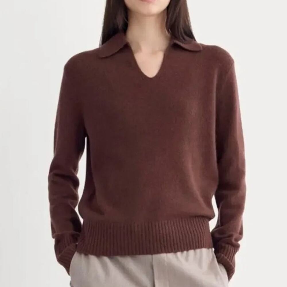 Everlane Cashmere Polo Sweater Women's XL Chocolate Brown Slim Fit Long Sleeve